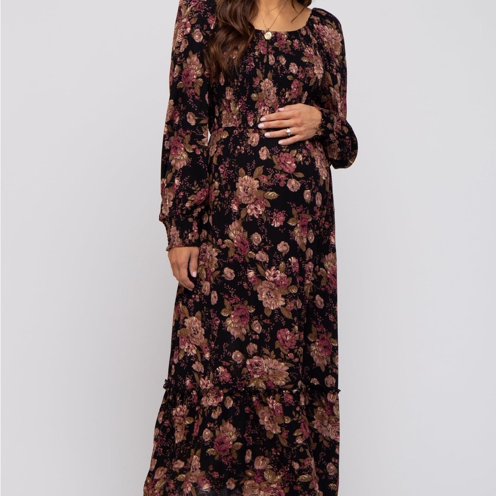 Promesa Black and Pink Floral Long Sleeve Maternity Dress
